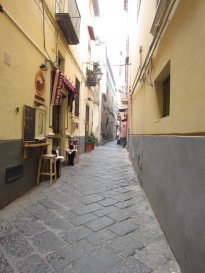 Narrow streets in Sorrento, Italy. A great restaurant, Chantecleer, is on the left