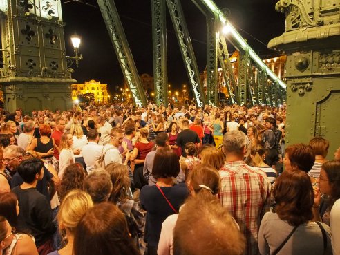 Swinging on the Freedom Bridge in Budapest